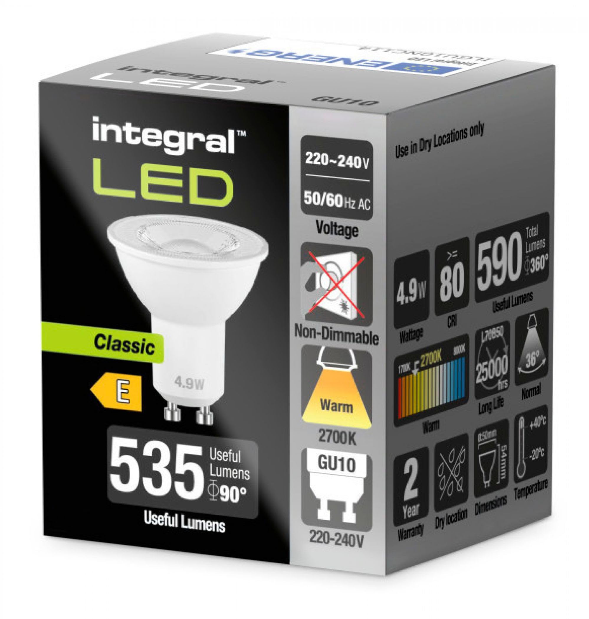Integral ILGU10NC114 4.9w LED GU10 Bulb, 2700K, Non Dimmable, 595lm =75w, 36° Beam, Matt White, 54mm diameter - Image 3