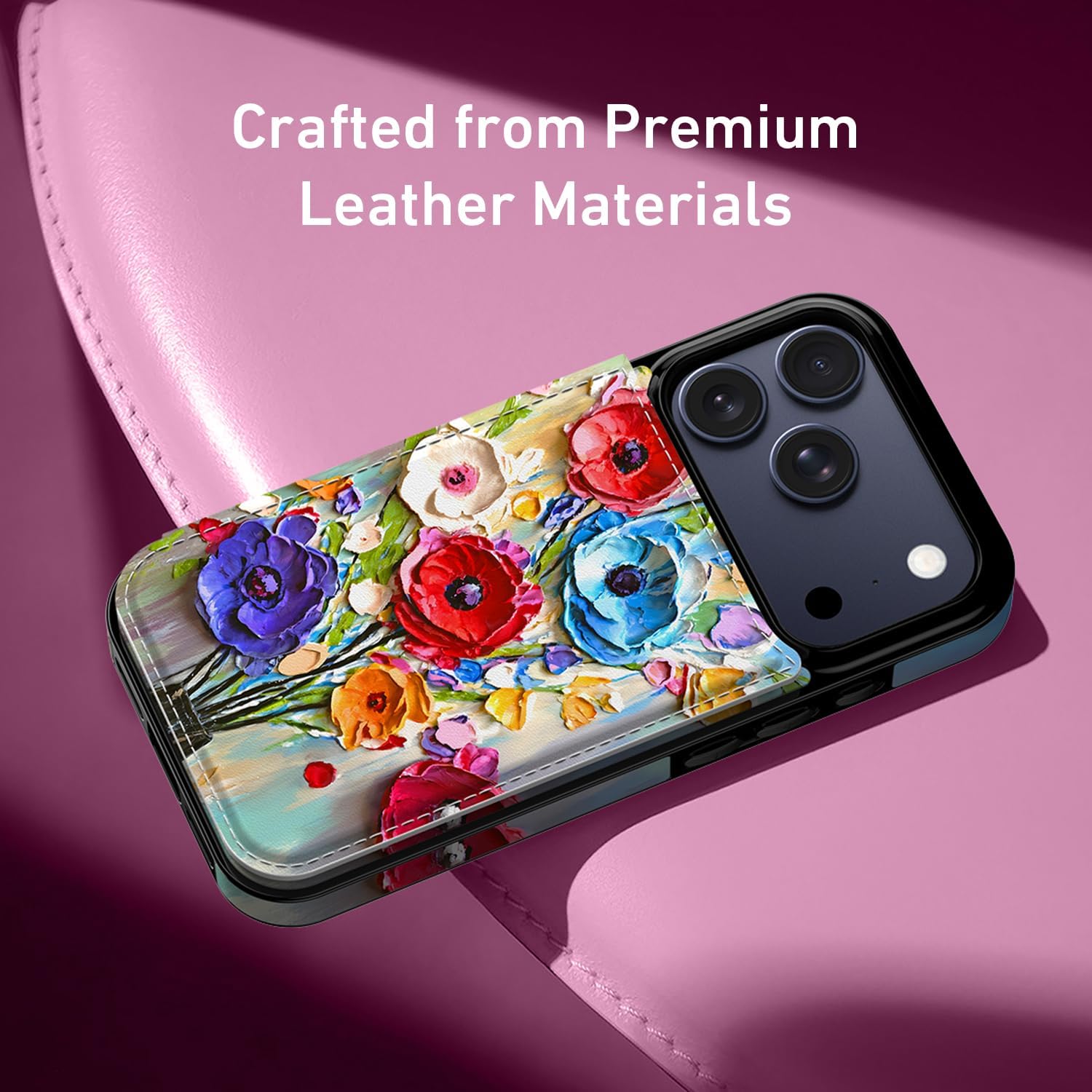 FUNMIKO for iPhone 17 Pro Wallet Case with Card Holder, RFID-Blocking, Military-Grade Drop Protection & Floral Animal Design, Magnetic Closure with Leather Kickstand - Abstract Flowers - Image 4
