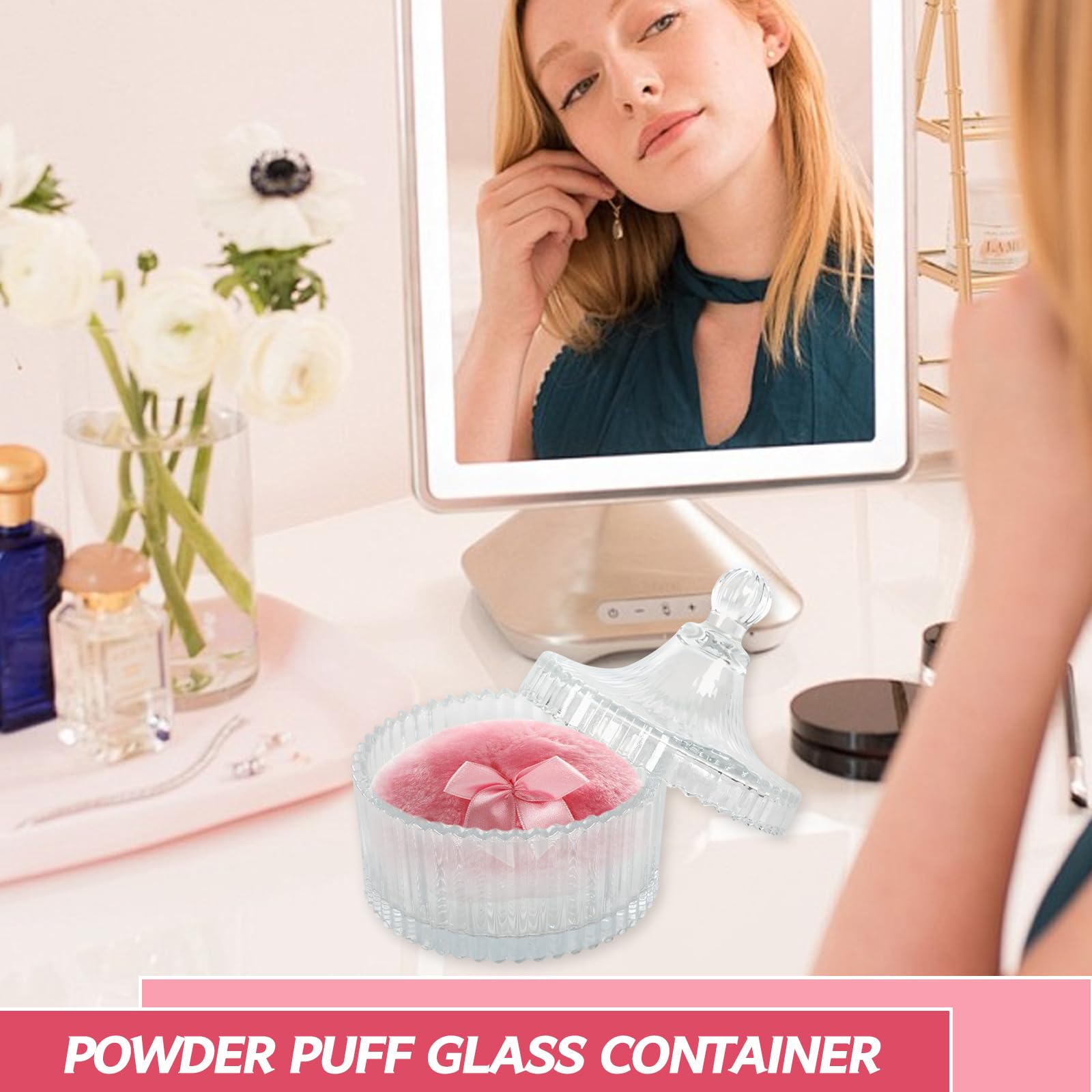 Set di contenitori per polvere in vetro con nappa in cipria, in polvere per il corpo, talco, o in vetro per caramelle, cioccolato, biscotti, come regalo per compleanno, Natale, feste, matrimoni