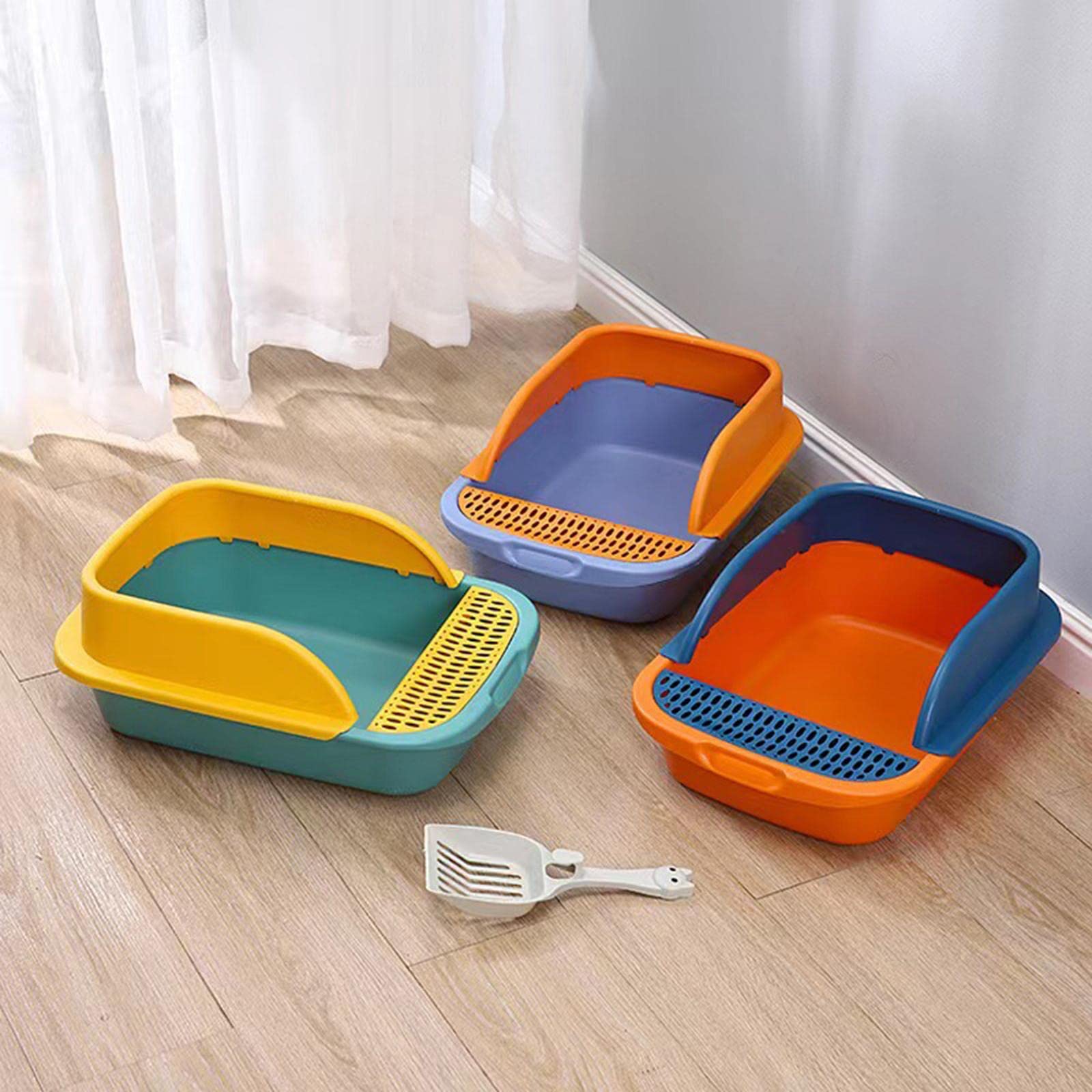 Bac à Litière pour Chat avec Couvercle et Cadre Ouverts pour Un Nettoyage Facile, Orange Bleu Foncé, Grand