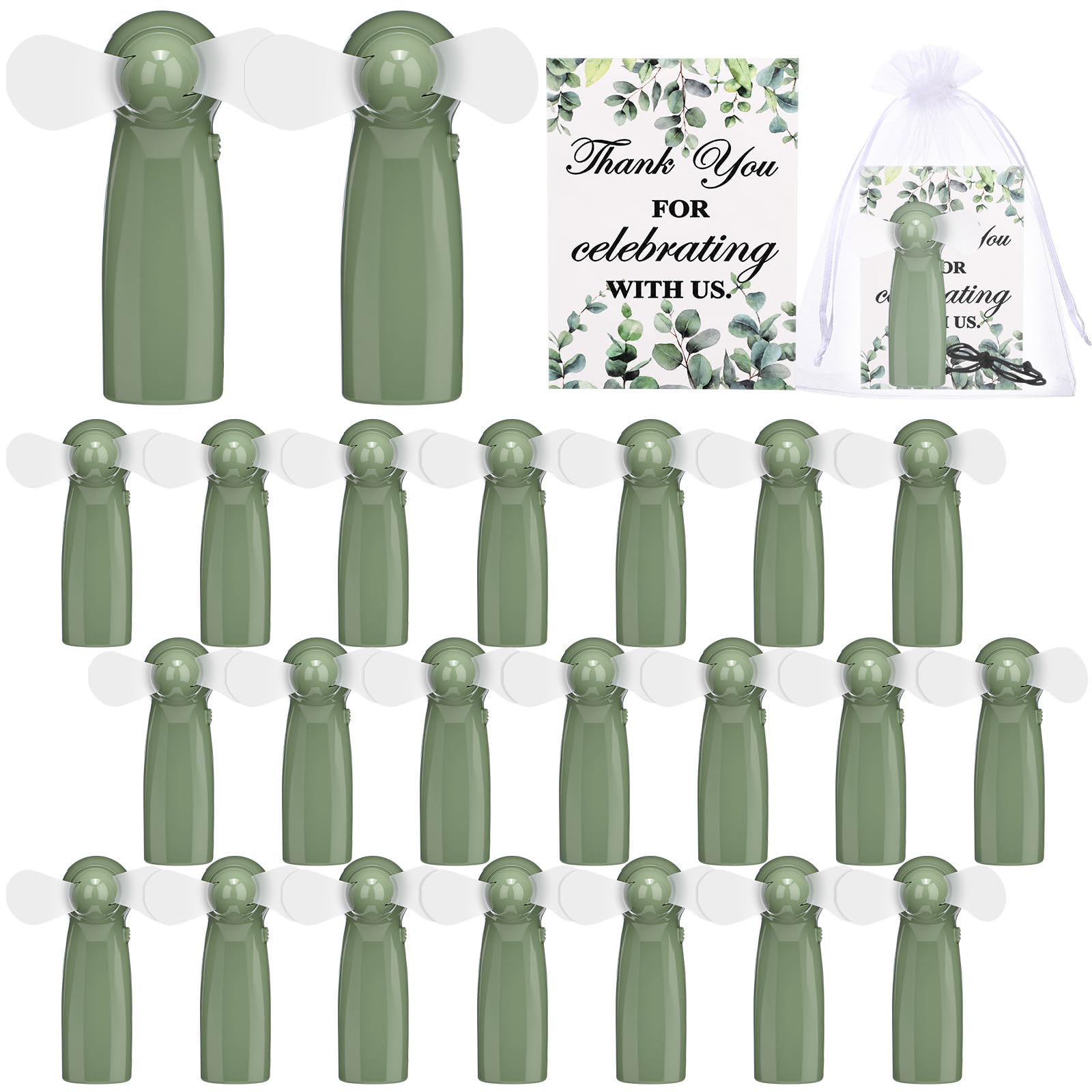 Photo 1 of Fumete 24 Sets Wedding Fans for Guests Bulk Mini Fan Handheld Wedding Portable Fan with Thank You Card Gift Bags Battery Operated Small Personal Fans for Bridal Shower Summer Party Favor, Sage Green