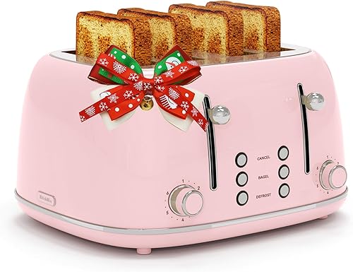 Tostadora de 4 rebanadas, acero inoxidable retro con 6 ajustes de sombra de pan, tostadora de ranuras de 1.5 pulgadas de ancho con funciones de