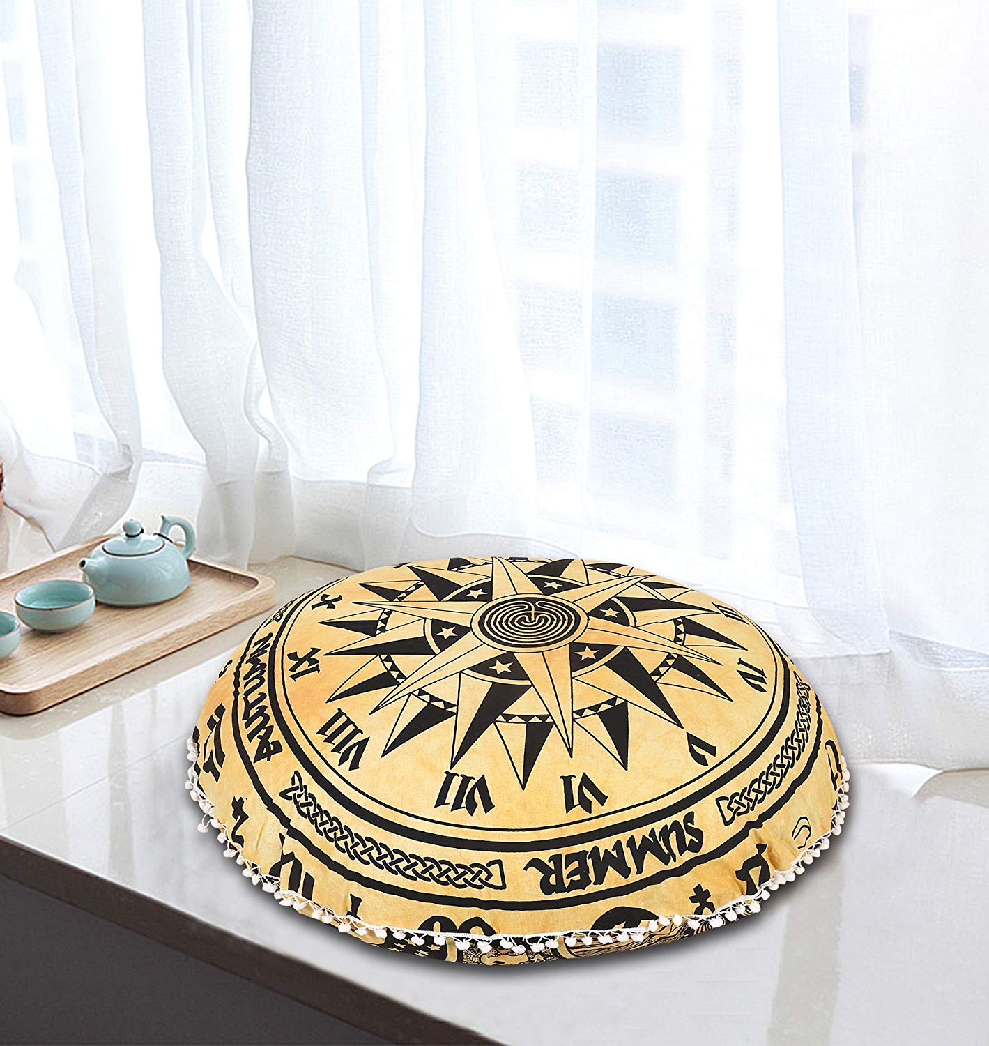 Cojín de meditación, diseño de mandala, brújula amarilla, de 32 pulgadas, para meditación, para asiento, hippie, decorativo, bohemio, indio (solo funda)