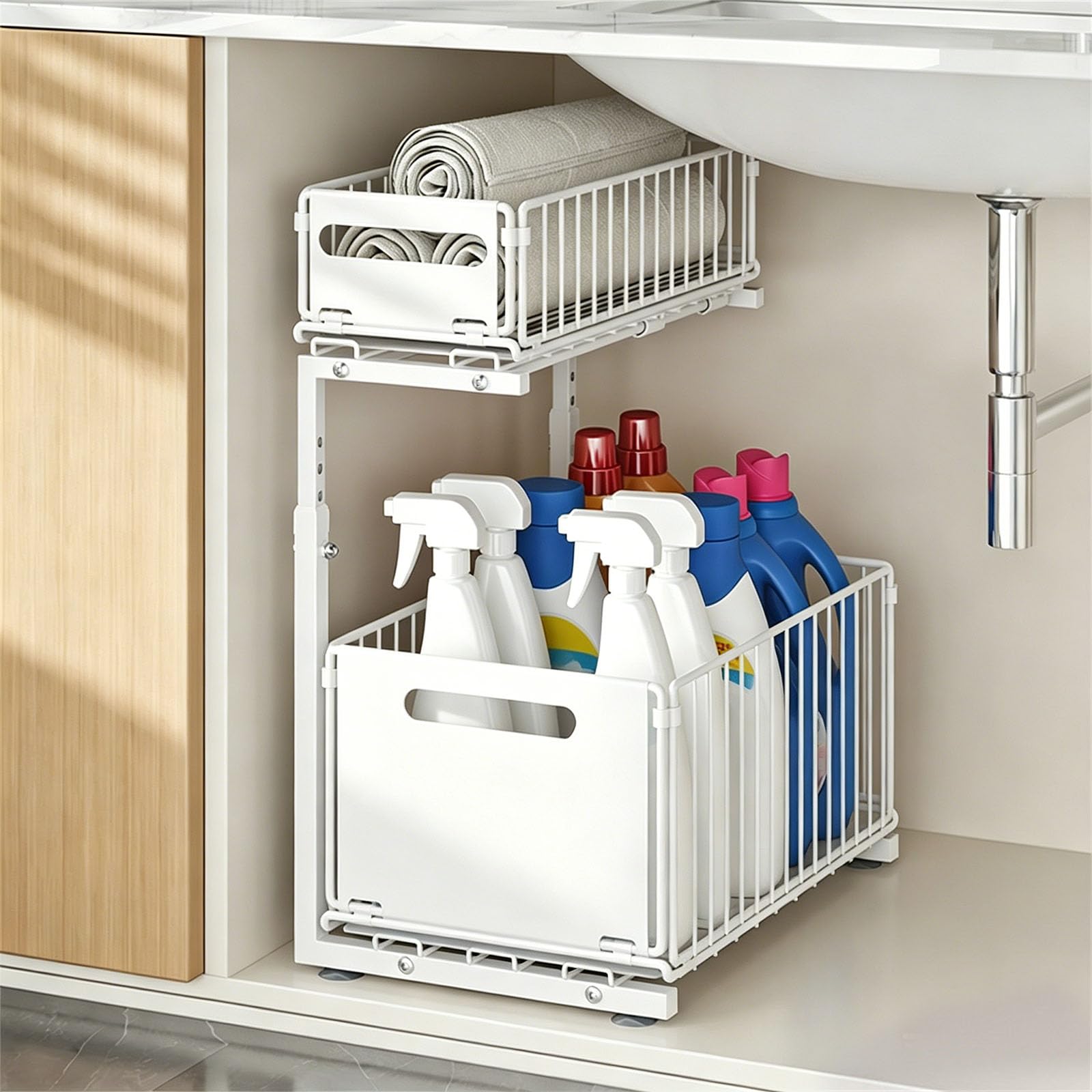 Organizer estraibile sotto l'armadio a 2 ripiani antiruggine per cucina bagno uso armadio rack di stoccaggio