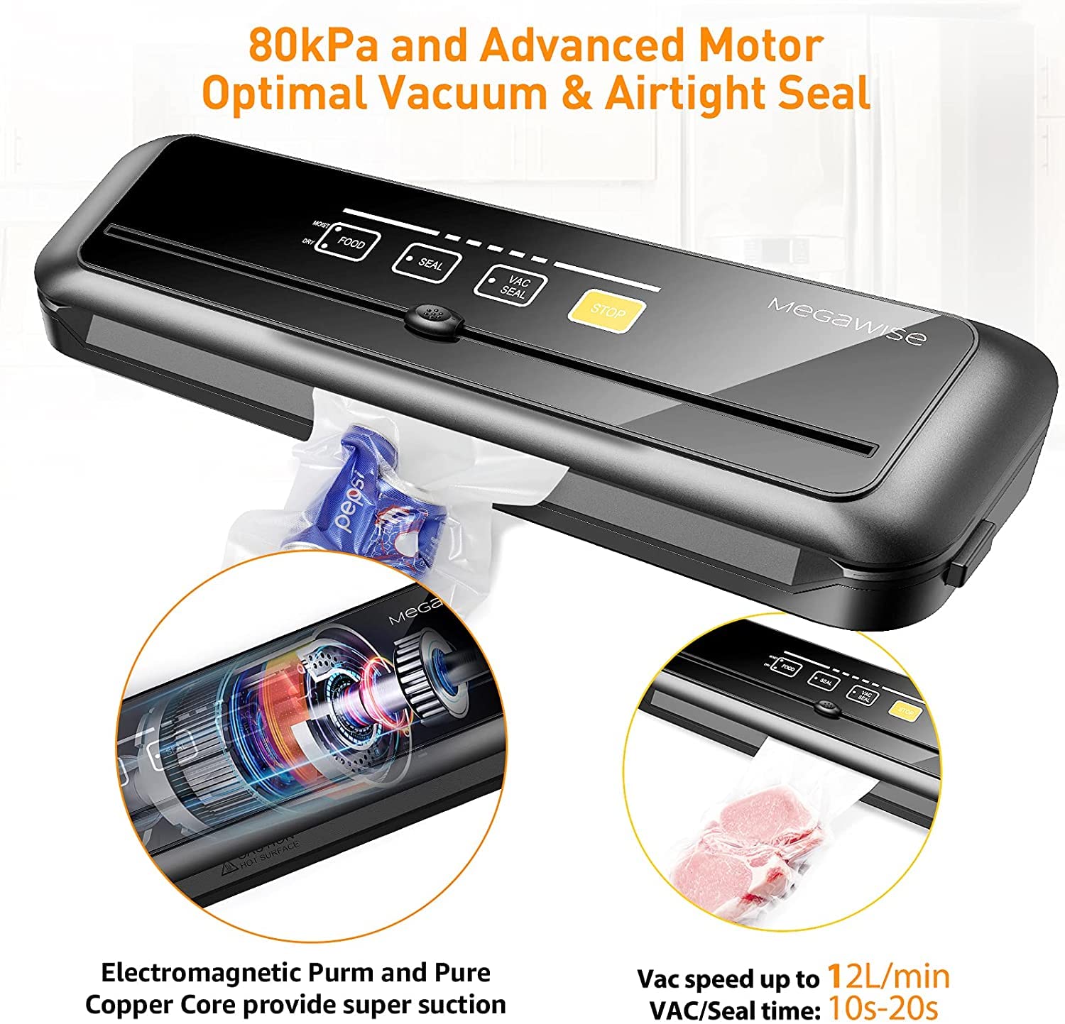 MegaWise 80kpa Powerful but Compact Vacuum Sealer Machine, Bags and