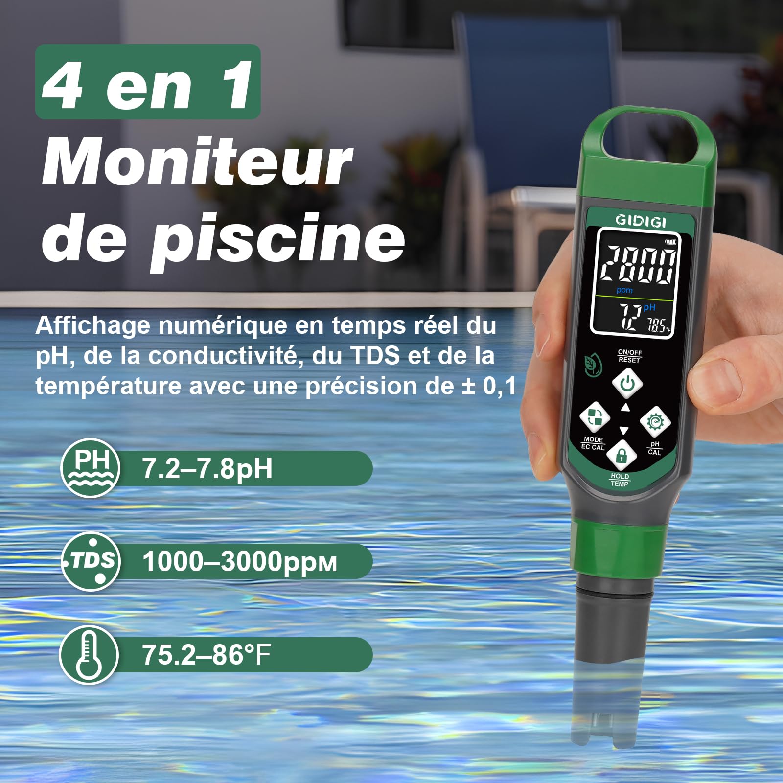 Testeur de pH numérique, testeur de PPM pour l’eau, testeur de pH 4 en 1 avec écran couleur, stylo pour tester la qualité de l’eau pH, EC, TDS et temp, adapté pour hydroponie, piscine, eau potable
