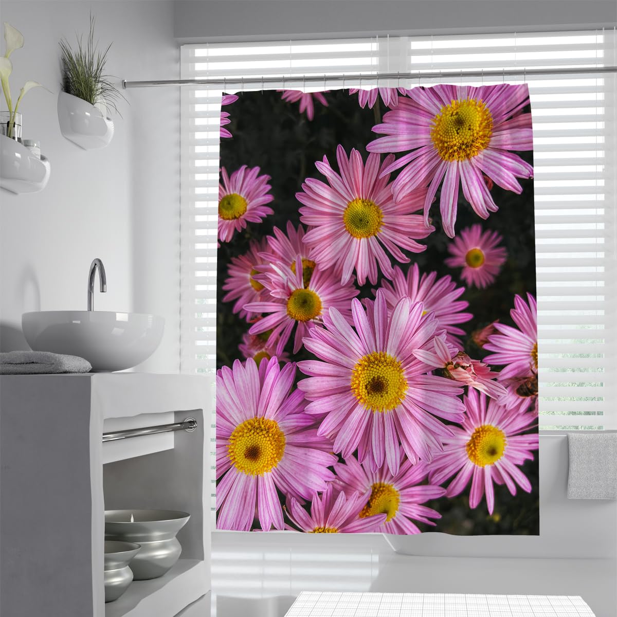 UIRINGART Purple Chrysanthemum Shower Curtain W200xL220cm Vivid Aster Pink Daisy Floral Waterproof Machine Washable Bathtub Screen with Hooks