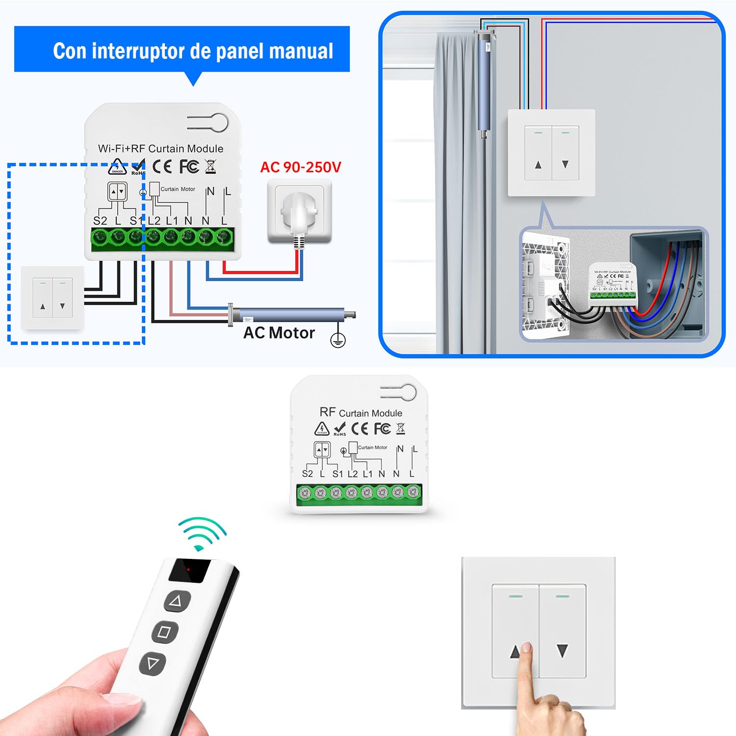 Interruptor De Persianas Por Radio, Receptor De Módulo De Relé Inalámbrico Con Rango De Control Remoto RF De Hasta 100M Receptor De Relé De 2200W Para Persianas Eléctricas