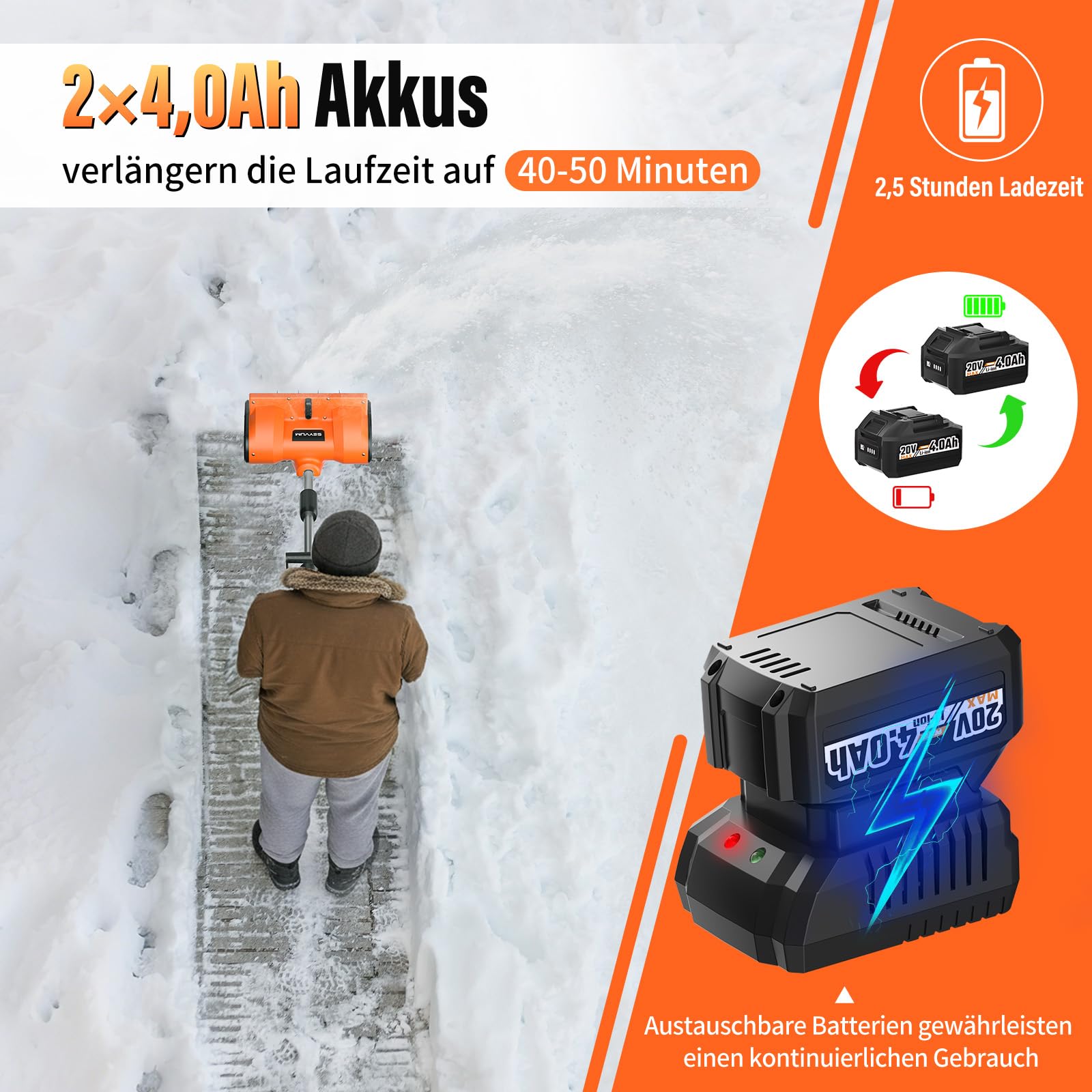 Akku Schneefräse,elektrische Schneefräse Akku 2× 4.0Ah mit Ladegerät,Arbeitsbreite 30 cm, maxSchneehöhe 20 cm,bis 3m Auswurf,30° Verstellbarer Auswurfkanal für Gehwege,Einfahrten