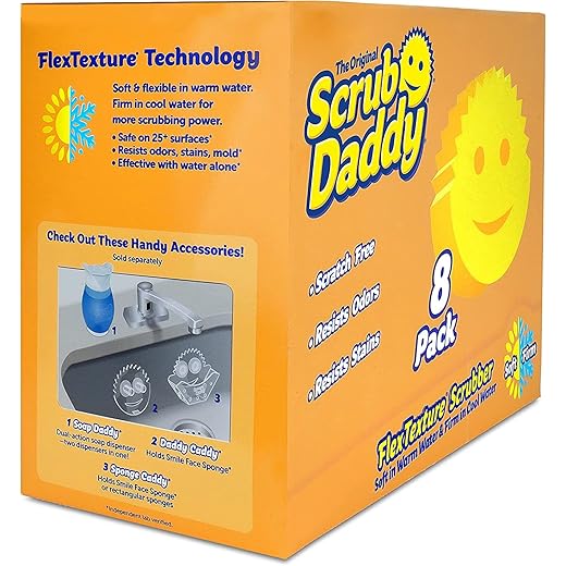 Original Scrub Daddy Schwamm – kratzfreier Schrubber für Geschirr und Zuhause, geruchsresistent, weich in warmem Wasser, fest bei Kälte, Tiefenreinigung, Küche und Bad, spülmaschinenfest (8 Stück)