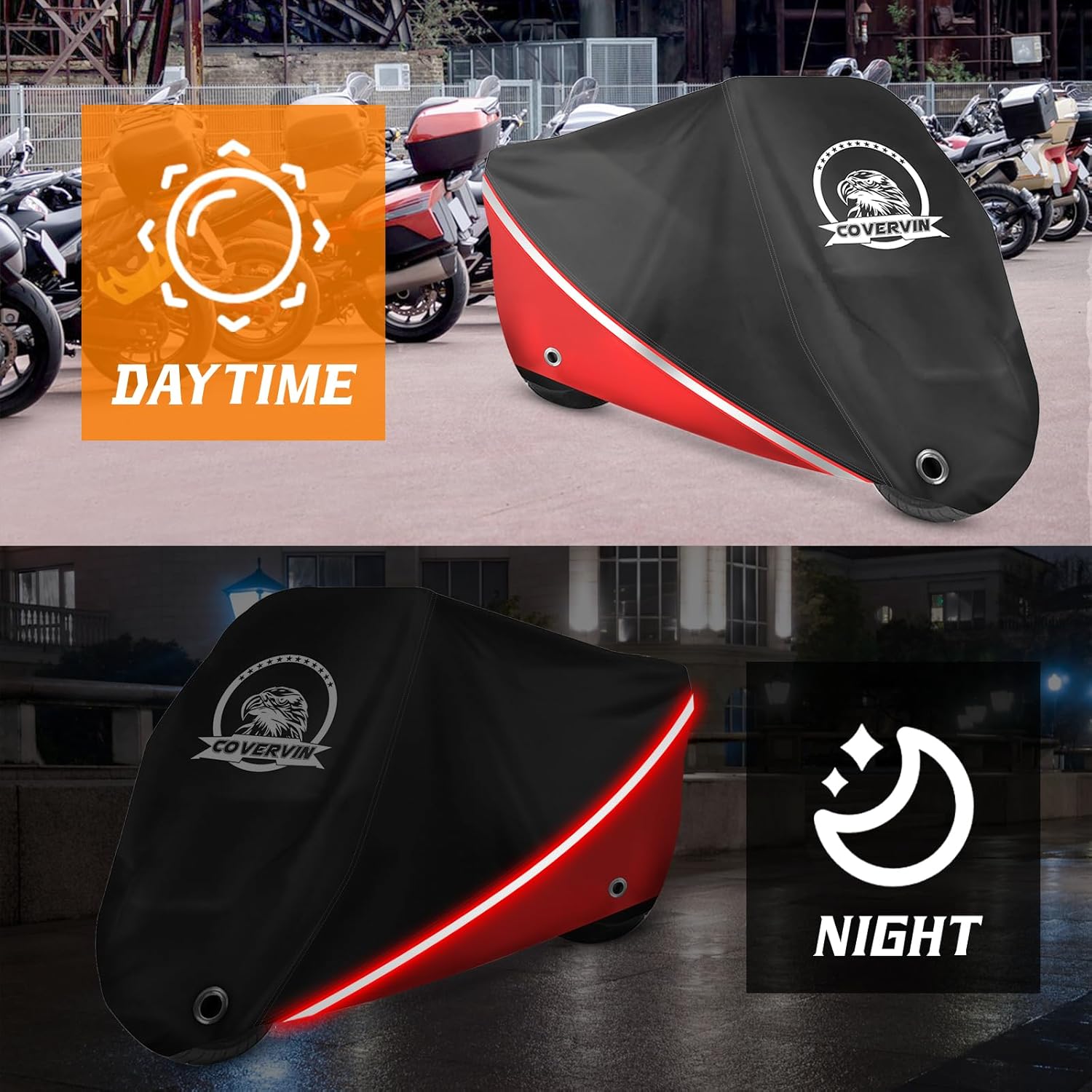 COVERVIN Motorcycle Cover, All Weather Outdoor Waterproof Night Protection with Reflective Strips, Locking Holes and Storage Bag for 116 Inch Suzuki, Kawasaki, Honda, Harley-Davidson(Red XXXL)