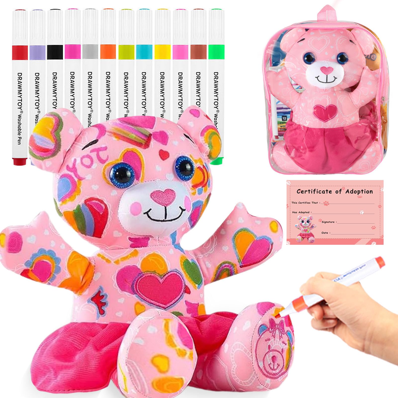 DRAWMYTOY Coloring Plush Toy with 12 Washable Markers for Little Girls Doodle Dolls for Kids Ages 4-6 Birthday (Pink Bear)