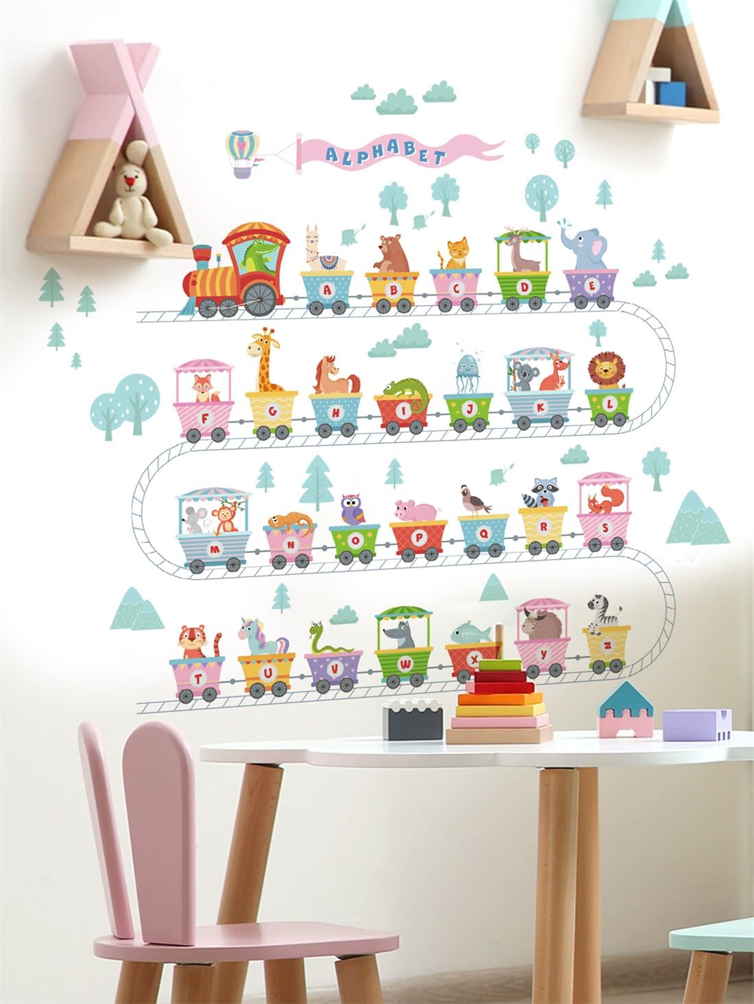 Alphabet Train Wall Decals Color Letter ABC Educational Wall Stickers Peel and Stick Animals Train décor for Kids Toddlers Classroom Playroom Bedroom Wall Decorations (Modern-2)