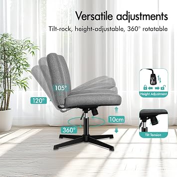 ELFORDSON Cross Legged Office Chair with Footstool, Wide Seat Armless Desk Chairs No Castors, Criss Cross Chair Mid-back Chair for Home Office Lounge, Height Adjustable 360° Rotatable, Linen, Grey