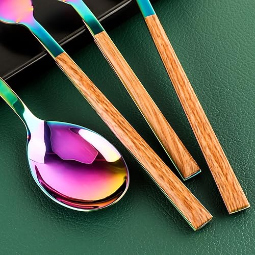 Miniatura 5 de Juego de cubiertos de acero inoxidable para 4, incluye cuchillos, tenedores, cucharas para 4, pulido espejo y apto para lavavajillas (arcoíris)