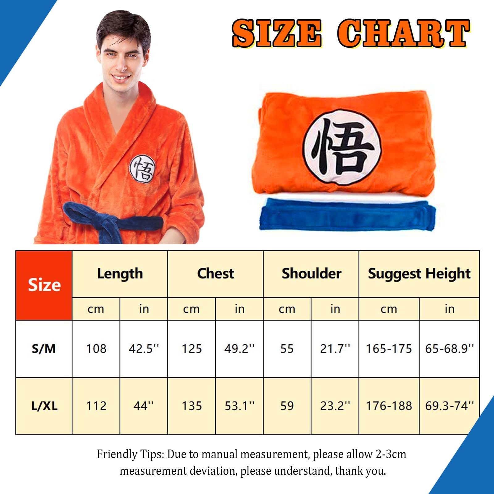 SINSEN Accappatoio da uomo Dragon Ball Anime Goku accappatoio da notte in flanella spessa morbida pigiama casual con cinture, arancione