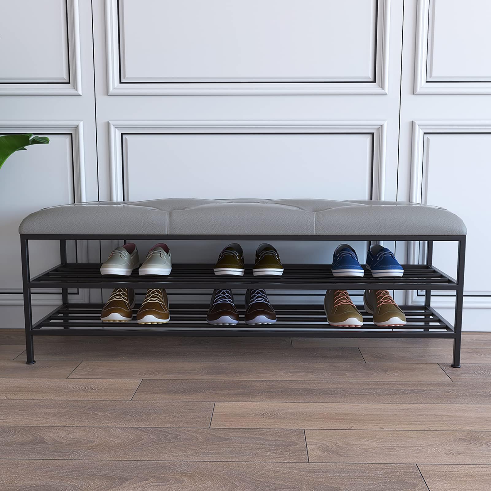 MYUYEE Entryway Bench With Golden Shoe Shelf, Modern Shoe Bench Shoe Orga Faux Leather Bench Seat, Shoe Rack Bench Shoe Storage Bench(Black-80X35X45Cm)