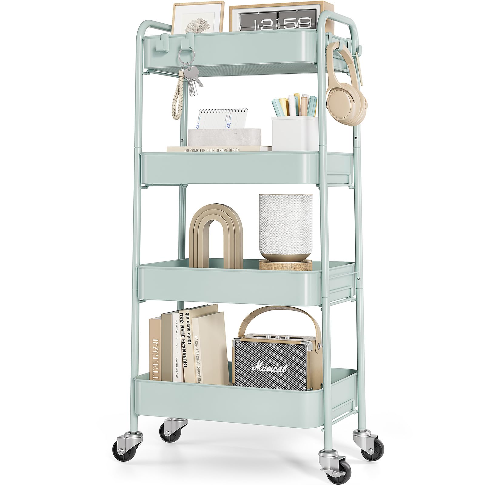 KINGRACK 4 Tier Metal Storage Trolley on Wheels, Beauty Book Craft Tea Art Trolley for Home Bathroom Kitchen Laundry, No screws needed Easy Rolling Utility Cart Mobile Storage Shelving Organizer
