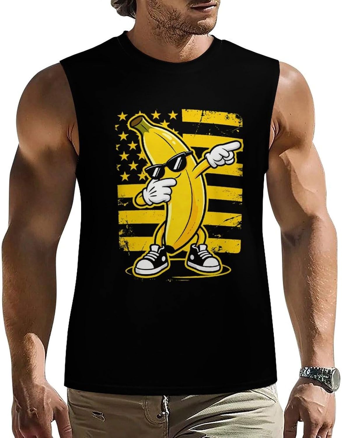 U.S.A. Flag Banana Men Summer Sleeveless Crew Neck Top 5XL