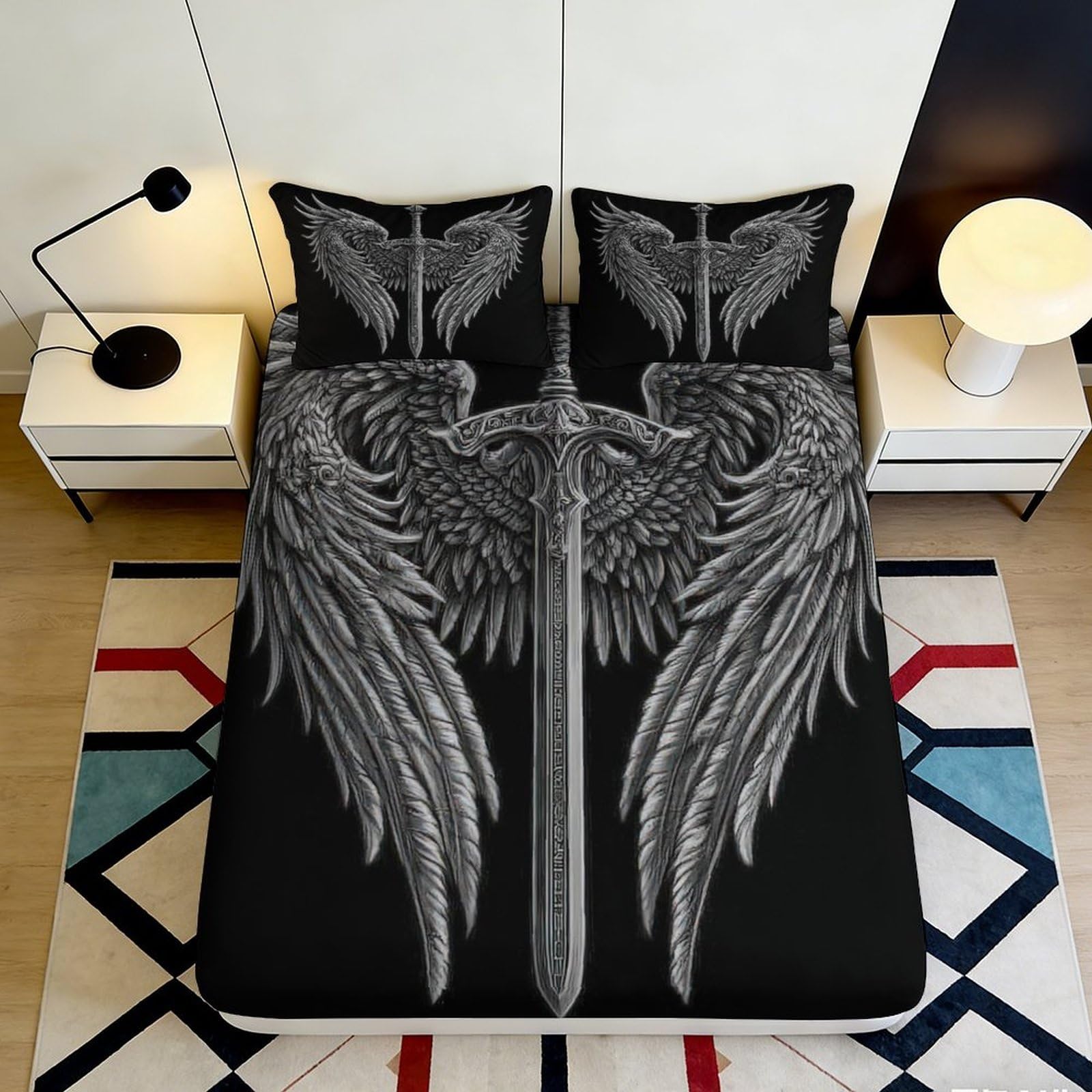 3D Printed Angel Wings Fitted Sheet Microfiber Sword Pattern Mattress Cover Black for Bedroom Dorm Bed Decor 140x200x25cm