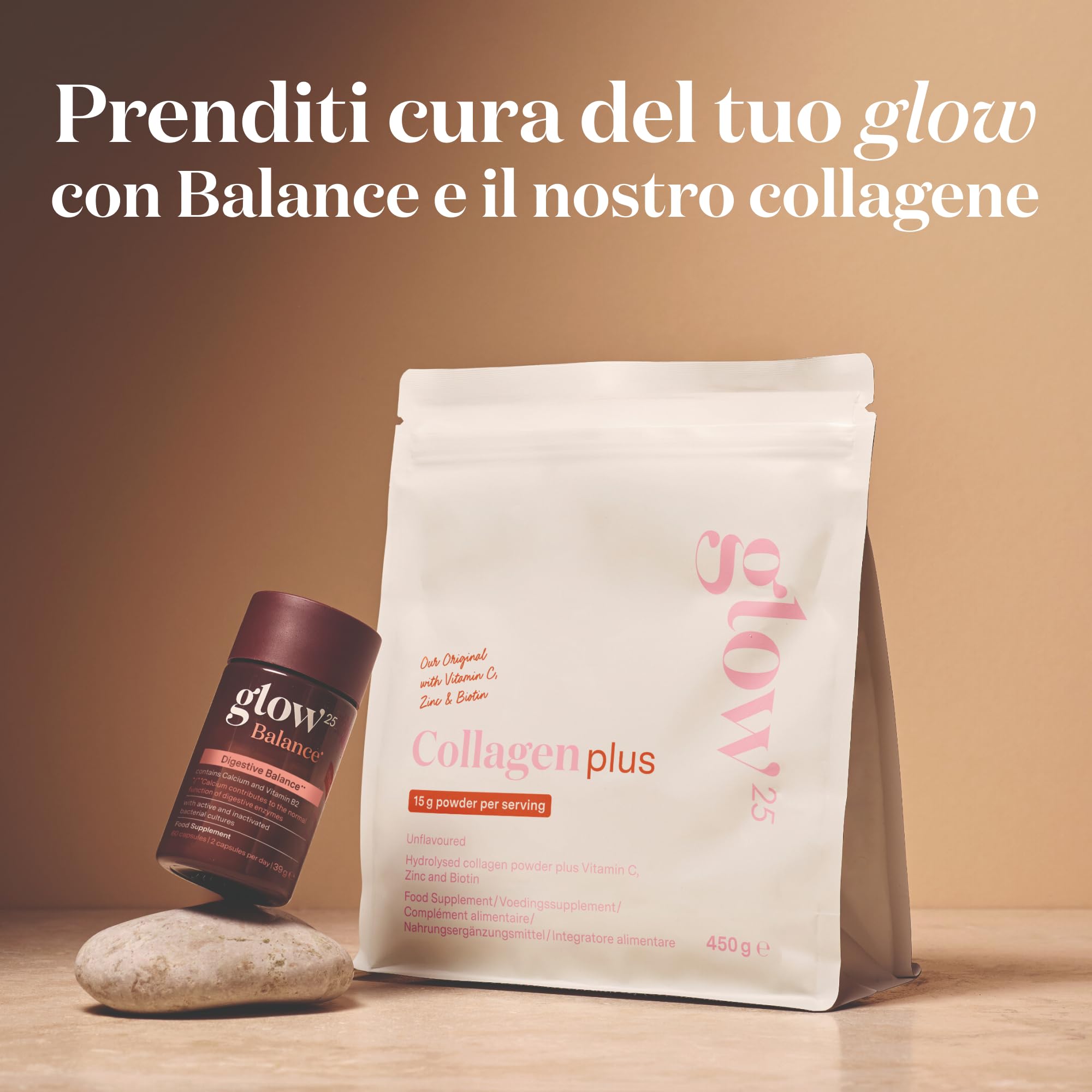 Glow25® Collagen Plus 450 g – Peptidi di collagene di tipo I e III con vitamina C, zinco e biotina – Formula idrolizzata ad alta biodisponibilità – Collagene in polvere