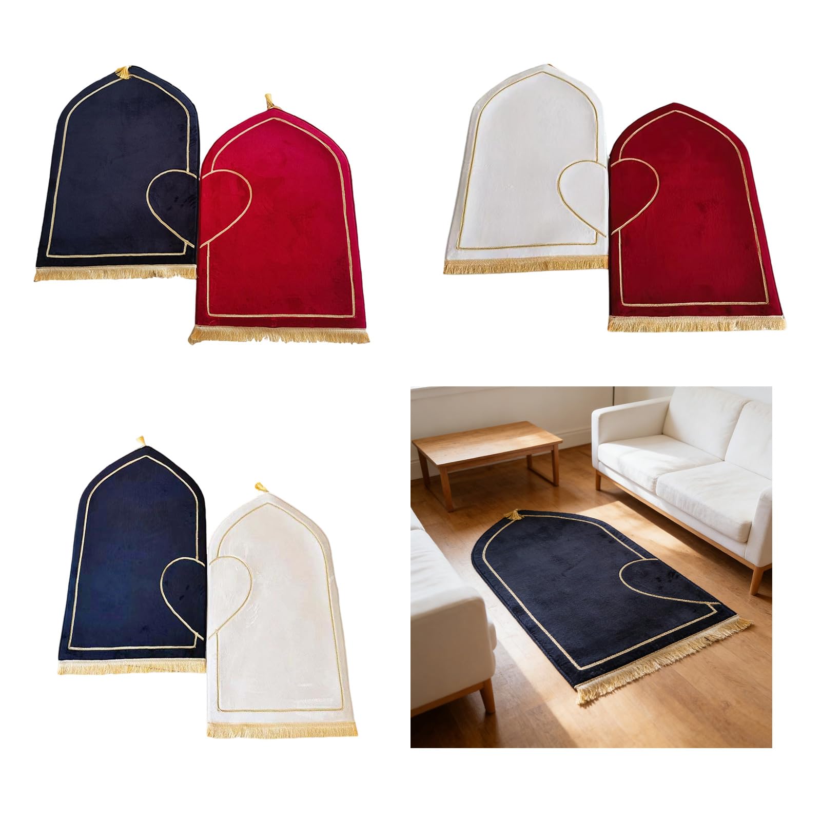 Lot de 2 tapis de prière musulmanes en flanelle épaisse avec motif demi-cœur pour couple