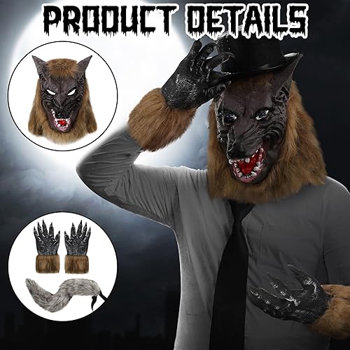 Miniatura 3 de Wettarn Disfraz de máscara de hombre lobo de Halloween para adulto, máscara de cabeza de hombre lobo, cola de lobo de piel sintética gris, guantes
