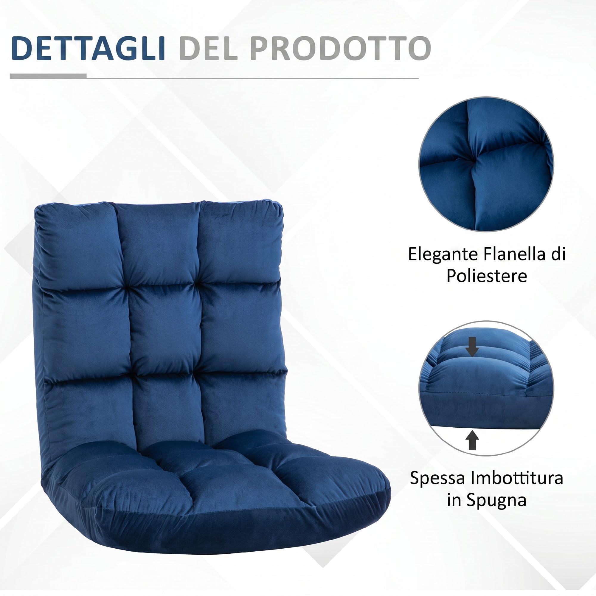 HOMCOM Poltrona da Terra Reclinabile 180° in Velluto, 55x71x53.5cm Blu | Sedia da Pavimento, Imbottitura Spessa, Camera da Letto, Ufficio, Soggiorno