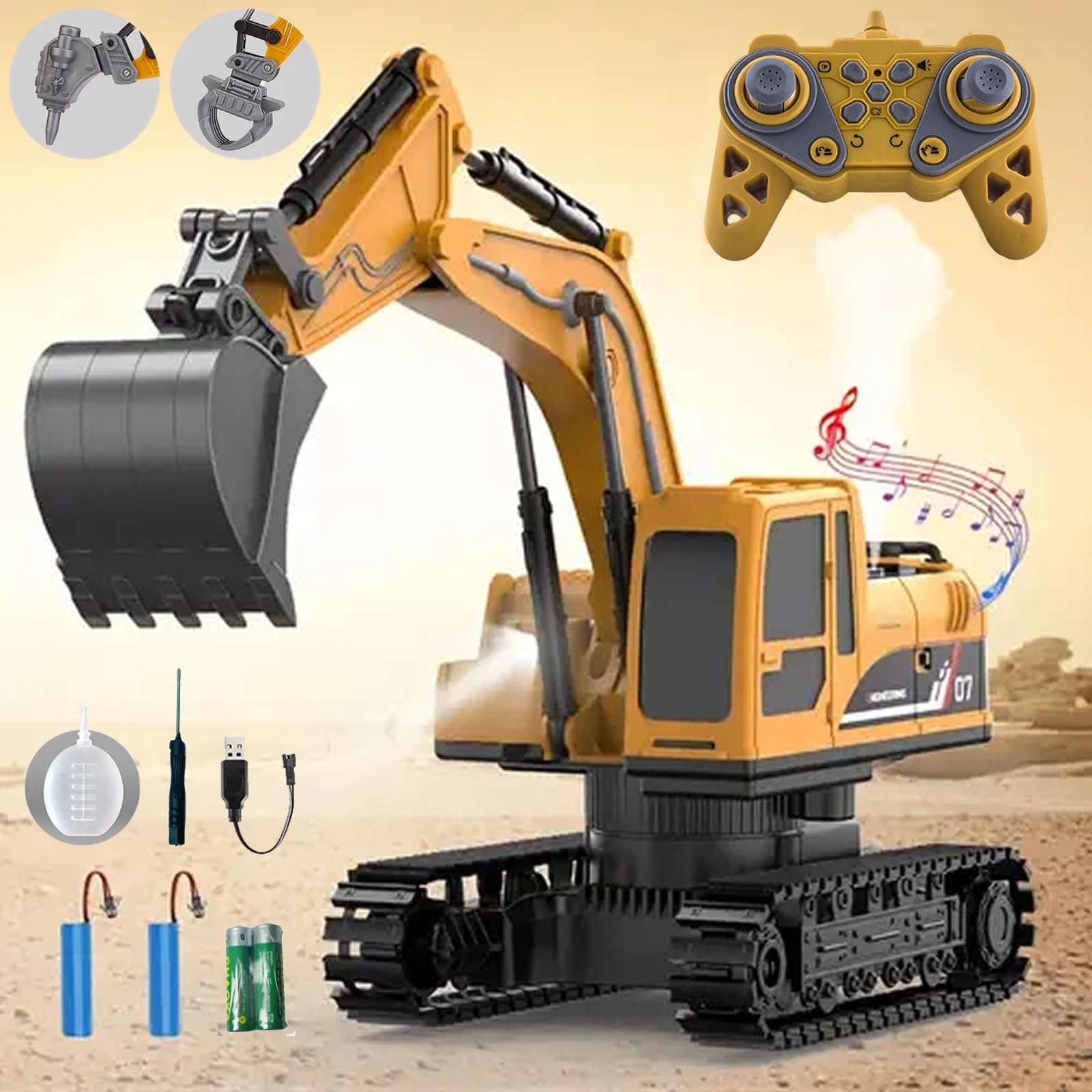1:22 Escala 11 Canales 3 en 1 Excavadora teledirigida para niños, excavadoras inalámbricas con pala de metal, excavadora hidráulica con luces y sonidos y spray, regalos para niños de 4 a 7