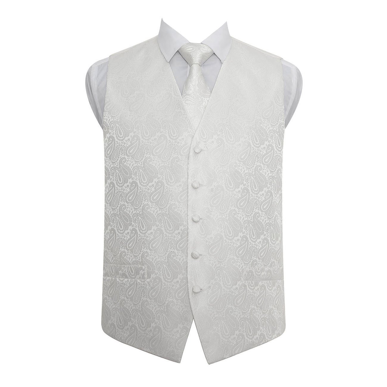 Dqt Men's Ivory Paisley Floral Jacquard Waistcoat & Tie Set (2Pc) - Wedding, Business & Formal - 38" (M)