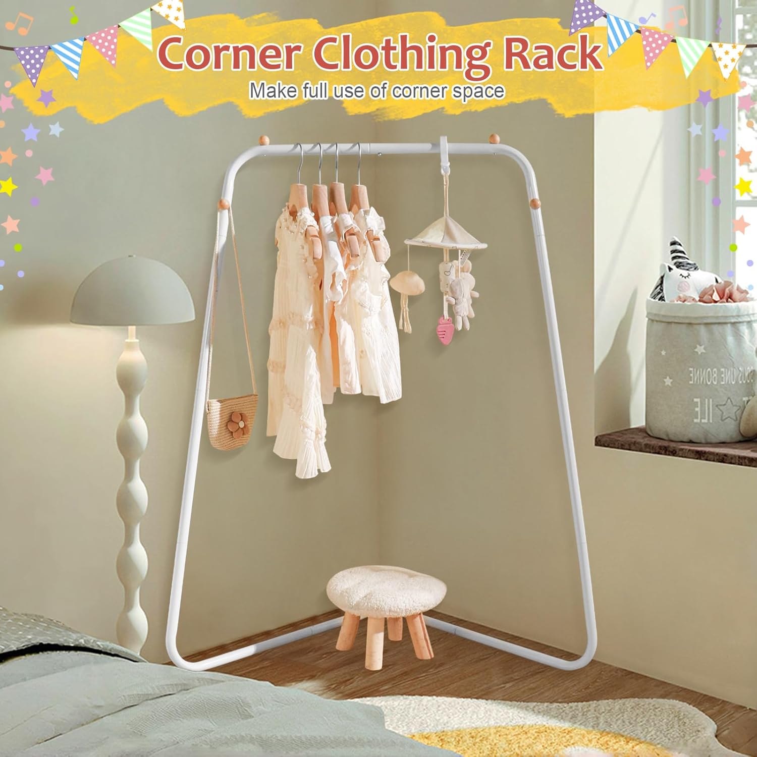 YGJT Kids Clothing Corner Rack, Dress Up Storage for Little Girls with Bottom Storage Shelf, Cute Toddler Wardrobe Cloest Garment for Hanging Coat, Dance Costume, Dresses, Clothes in Bedroom, White