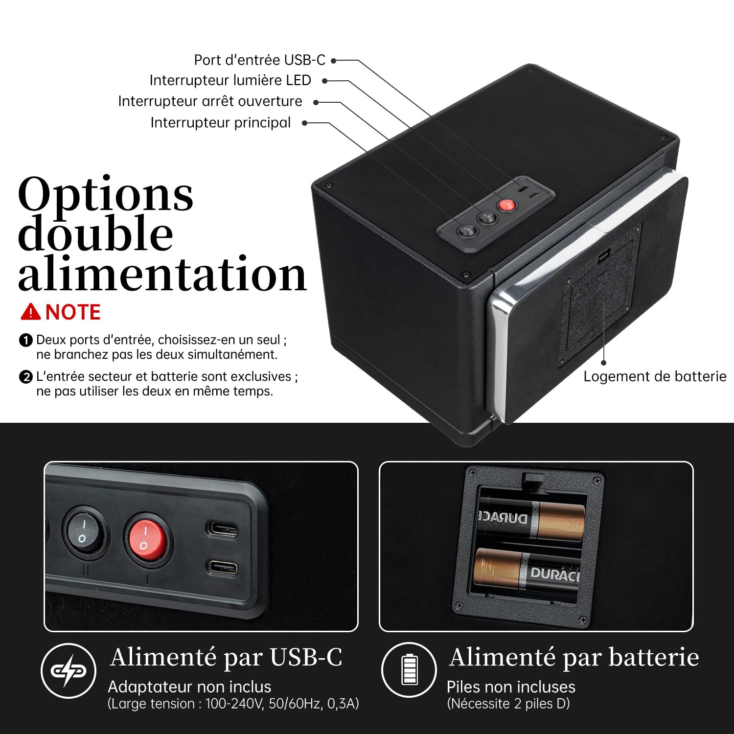 Mcbazel Remontoir de montre pour 2 montres automatiques, moteur silencieux avec 4 modes de rotation, double alimentation (USB-C et batterie), éclairage LED et fonction arrêt automatique