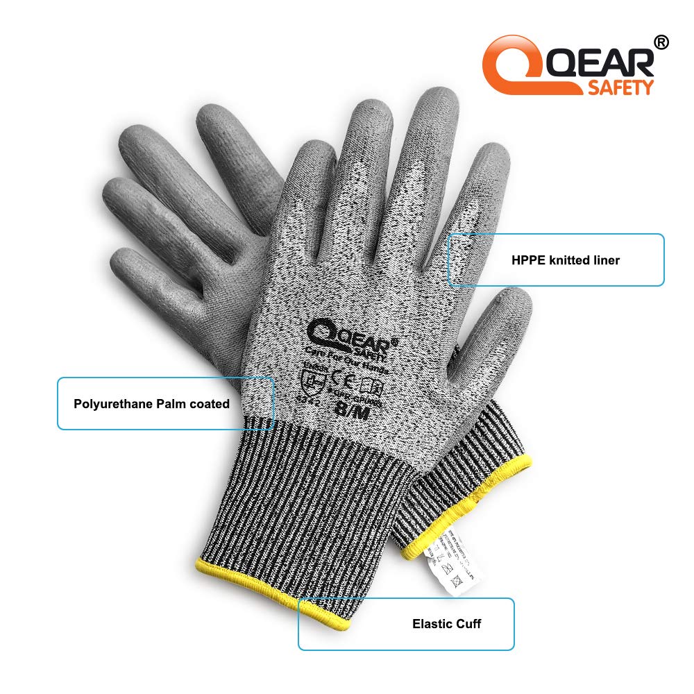 QEARSAFETY 10 works Lightweight Cut Protect Level 3 Work Gloves, HPPE Yarn Lnitted Liner, Thin PU Coated Palm, Breathable - Image 3