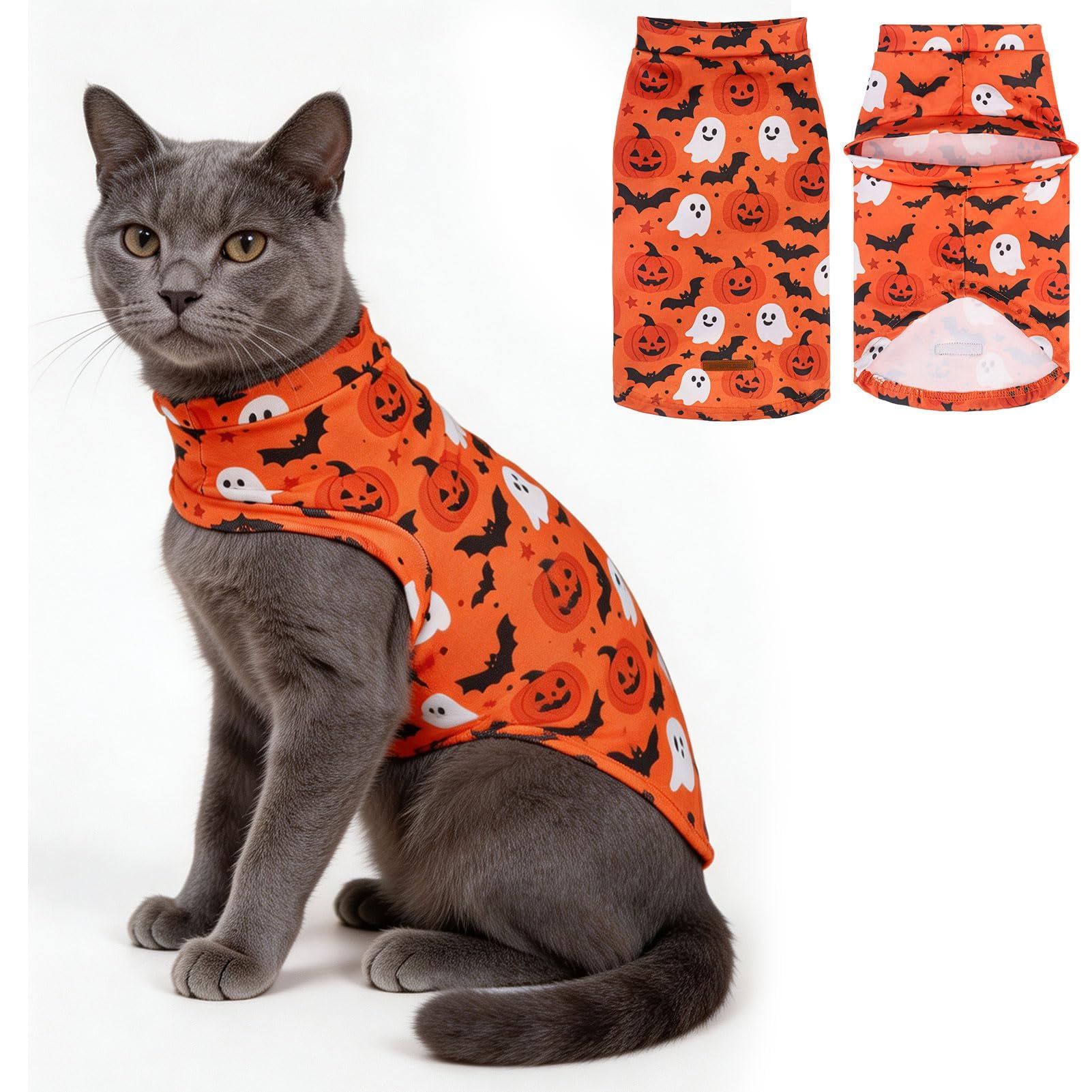 EXPAWLORER Halloween Cat Jumper Warm Fleece Cat Clothes, Orange M