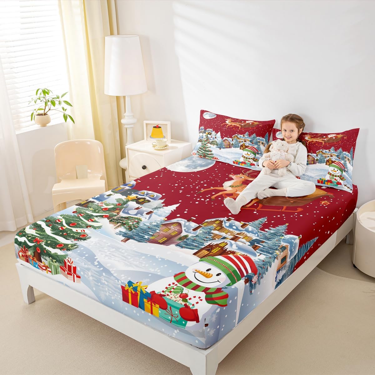 Erosebridal Santa Claus Fitted Sheet Twin, Kids Christmas Tree Bed Sheet Cute Deer Elk Bed Sets for Boys Girls Children Xmas Snowman Cartoon Style Bedding Set with 1 Pillow Case,Red