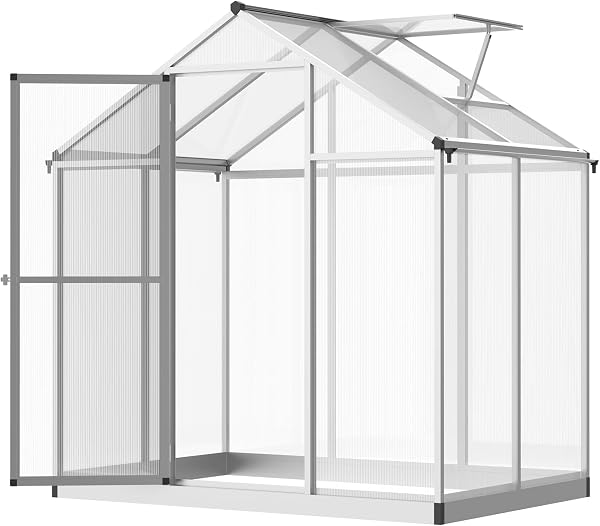 Outsunny Greenhouse for Outdoors, Polycarbonate Greenhouse with Rain Gutter and Roof Vent, Aluminum Walk-in Green Houses