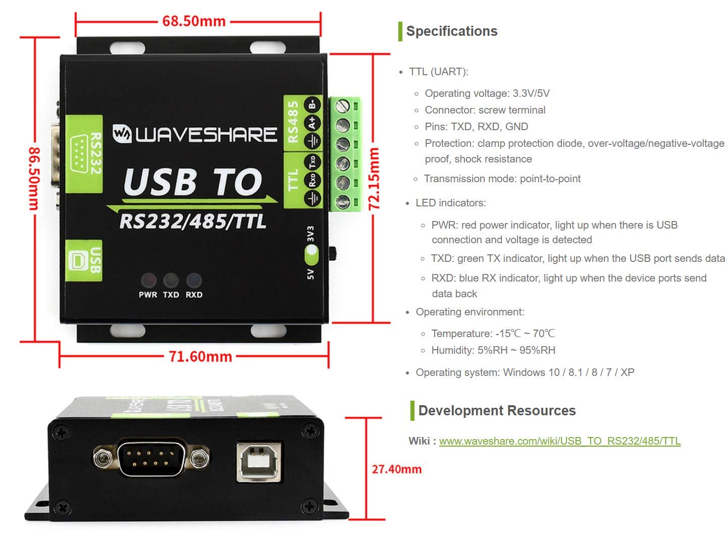 USB to RS232/RS485/TTL Interface Converter Industrial Isolated Converter with Original FT232RL Inside, 300-921600bps Baudrate Onboard Power Isolation, Adi Magnetical Isolation