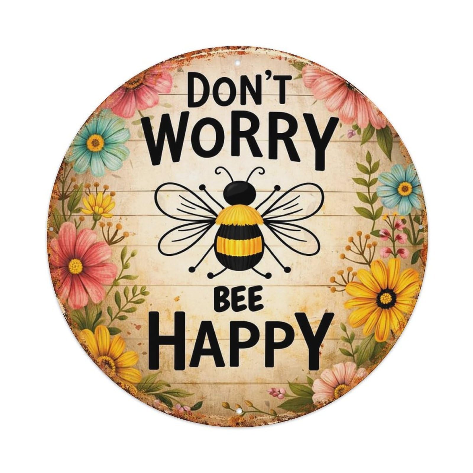Don't Worry Bee Happy Floral Vintage Metal Tin Sign Retro Wall Decor for Home Bar Garage Cafe, Indoor & Outdoor Decorative，circle Metal Poster, 8x8 Inch