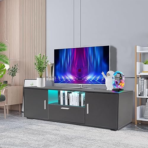 HOUAGI Soporte de TV LED para TV de hasta 75 pulgadas, moderno centro de entretenimiento de alto brillo con estante abierto, mesa consola de soporte