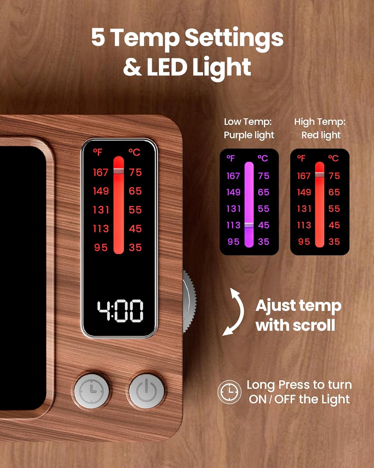 Close-up of the Gaiatop Coffee Mug Warmer's display showing 5 temperature settings and LED light indicators (purple for low, red for high), and the scroll wheel for adjustment.