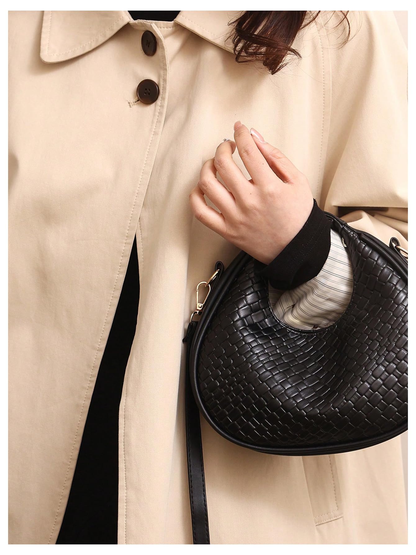 Floerns Women's Crossbody Bag Leather Weave Small Handbag Retro Crescent Bag Black One-Size