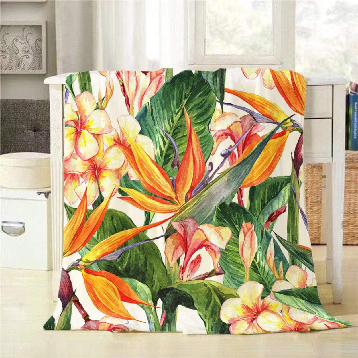 Mugod Tropical Flowers Throw Blanket Seamless Exotic Floral Pattern Bird of Paradise Decorative Soft Warm Cozy Flannel Plush Throws Blankets for Bedding Sofa Couch 50 X 60 Inch