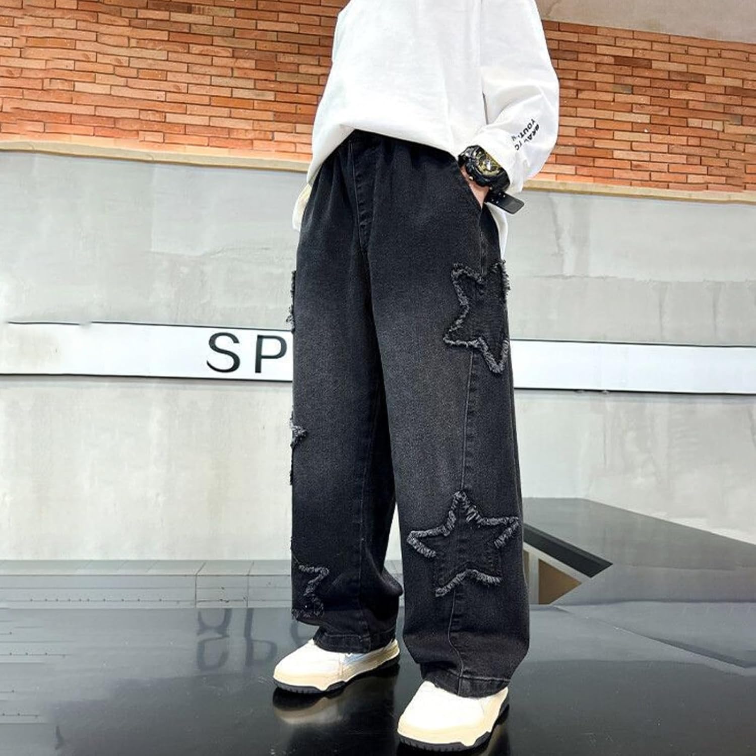 Boys Baggy Jeans Y2k Star Embroidered Wide Leg School Denim Pants Kids Elastic Waist Loose Fit High Waist Denim Streetwear