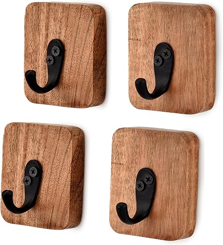 Ganchos para batas y toallas, madera de acacia natural, 4 piezas, para colgar abrigos, toallas, llaves, sombrero, paraguas, bolsa (3 x 2.5 x 0.75