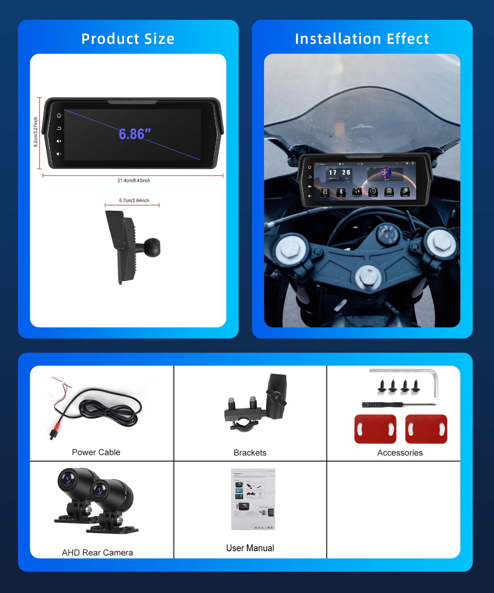 Rimoody sans Fil Carplay Écran Moto avec Dashcam 2 Caméras Avant et Arrière, 6.86 Pouces Écran Portable Carplay pour Motocycle Android Auto/Étanche IP68/Loop Video/Bluetooth/Mirror Link/Navi/Siri/EQ