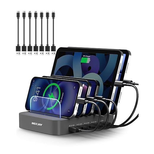 Charging Station for Multiple Devices, MSTJRY 5 Port Multi USB Charger Station with Power Switch Designed for iPhone iPad Cell Phone Tablets (Gray, 7 Mixed Short Cables Included)