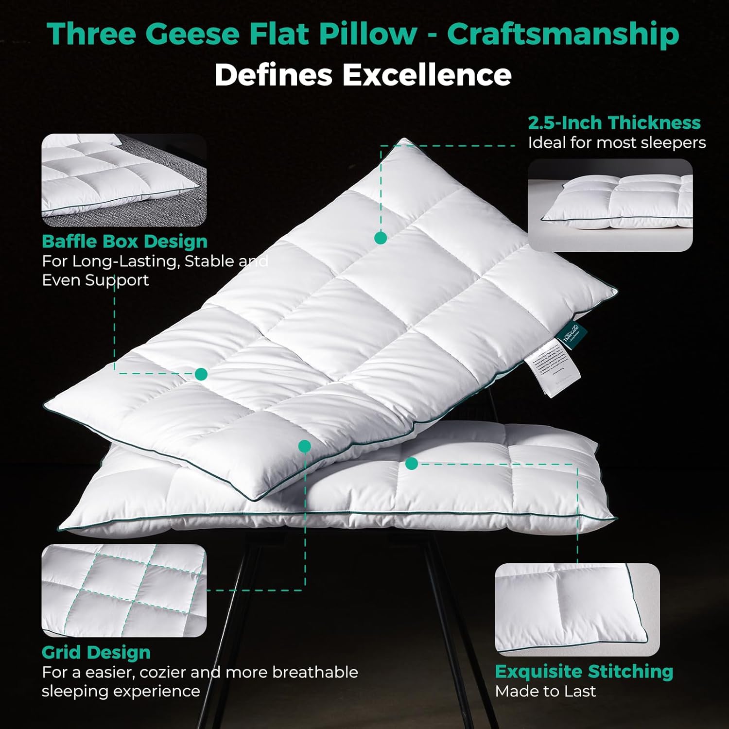 Three Geese Ultra Thin Flat Goose Down Feather Pillows for Sleeping Standard Size, 2.5" Height, 100% Cotton Cover, Ultra Slim Hotel Collection Bed Pillow for Stomach, Back Sleeper, 18x26 in. - Image 6