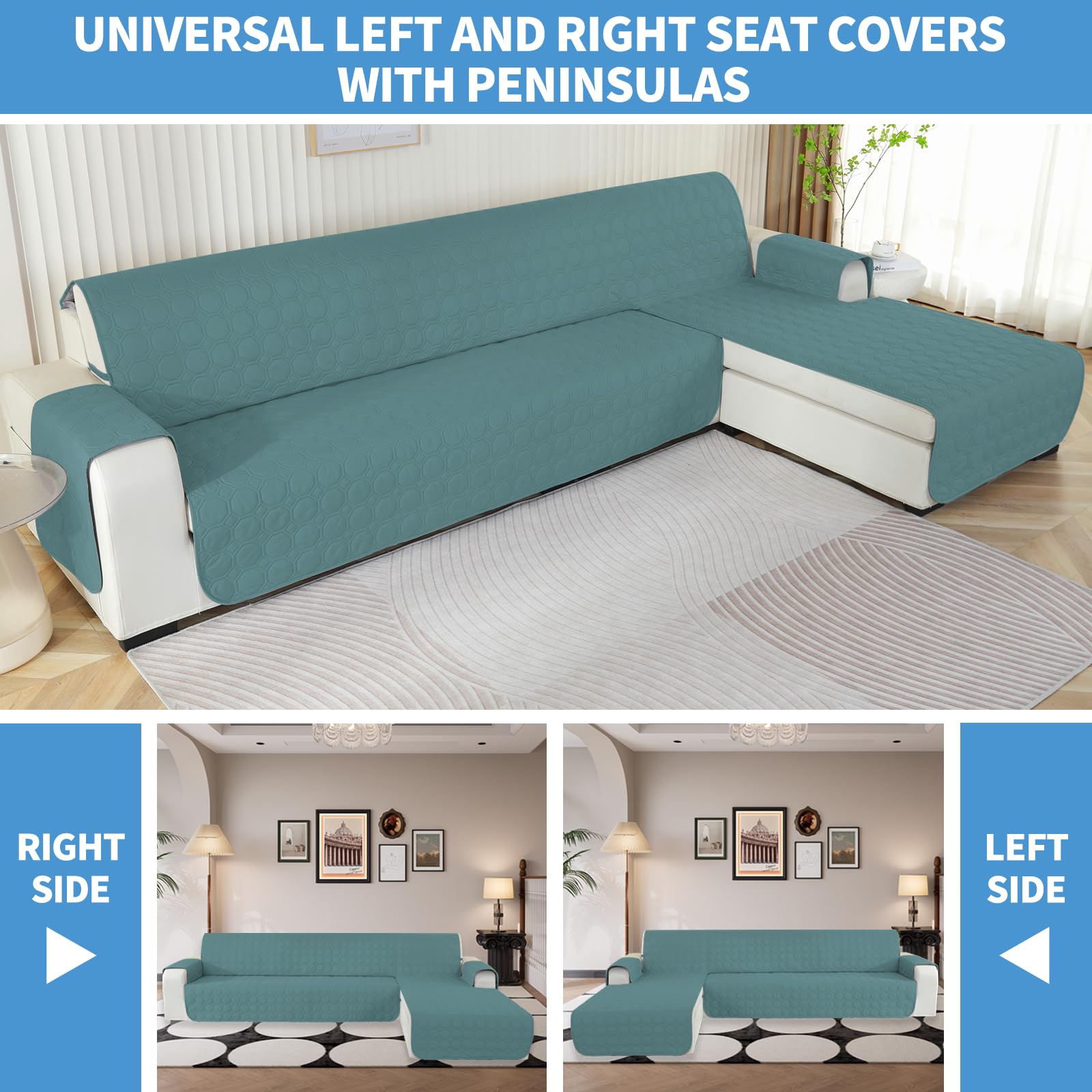 Ystyle Copridivano Impermeabile con Penisola 3 Posti (L 255 CM), Copridivano Angolare Destra/Sinistra Universale Reversibile, Copridivano Chaise longue Antigraffio Antimacchia, Blu Acqua Chiara