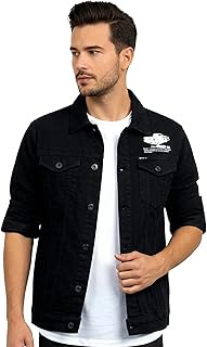 Origin State Scoob Men's Solid Black Cotton Denim Jacket | Slim Fit Jeans Jacket for Men with Graphic Print | Casual Styli...