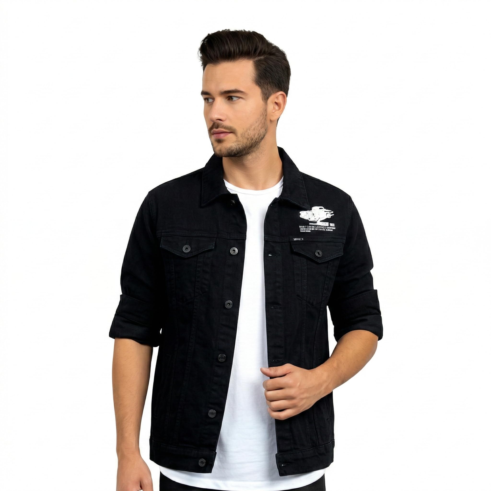 Origin State Men's Solid Black Cotton Lightweight Breathable Denim Jacket | Slim Fit Jeans Jacket for Men with Graphic Print | Casual Stylish Winter Wear (IN, Alpha, L, Regular)
